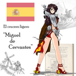 Rule 34 | 1girl, ass, bare legs, brown eyes, brown hair, character name, chimney, cruiser, don quixote, don quixote (novel), flag, full body, glasses, gloves, gun, high heels, horse, jaggy lines, konoekihei, lance, long hair, looking at viewer, looking back, mecha musume, miguel de cervantes (cruiser), military, military vehicle, open shoes, original, personification, polearm, propeller, sandals, ship, solo focus, spanish flag, standing, translated, turret, warship, watercraft, weapon, white gloves, windmill