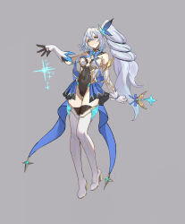 Rule 34 | 1girl, absurdres, asymmetrical gloves, blue eyes, boots, commission, covered navel, full body, gloves, grey background, grey hair, high heels, highres, long hair, looking at viewer, magical girl, original, ponytail, shen hai ichigo, solo, standing, tachi-e, thigh boots, very long hair, wand