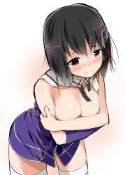 Rule 34 | 10s, 1girl, black eyes, black hair, blush, breast hold, breasts, breasts squeezed together, cleavage, collarbone, covering privates, covering breasts, embarrassed, facing viewer, gradient background, haguro (kancolle), hair ornament, kantai collection, leaning forward, looking away, pink background, sch, short hair, solo, thighhighs, torn clothes, white background, white thighhighs