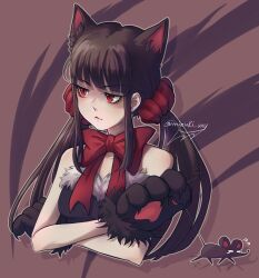 Rule 34 | 1girl, animal, animal ears, animal hands, artist name, bare arms, bare shoulders, black dress, blunt bangs, bow, bowtie, brown background, cat ears, cat girl, cat paws, cropped torso, danganronpa (series), danganronpa v3: killing harmony, dress, fang, fleeing, frown, fur-trimmed dress, fur trim, hair ornament, hair scrunchie, halloween costume, harukawa maki, highres, holding another&#039;s tail, long hair, looking to the side, mole, mole under eye, mouse (animal), nika kapustka, outline, red bow, red bowtie, red scrunchie, scrunchie, skin fang, solo, tail, white outline