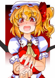 Rule 34 | 1girl, :d, ascot, blonde hair, blush, colored eyelashes, eruichi (redphantom), flandre scarlet, hat, open mouth, puffy short sleeves, puffy sleeves, red eyes, short hair, short sleeves, side ponytail, skirt, smile, solo, touhou, vest, wings