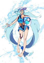 Rule 34 | 1girl, ball, barefoot, beachball, blue eyes, blue hair, butterpan zz, colored eyelashes, creatures (company), dive ball, game freak, hatsune miku, highres, long hair, nintendo, open mouth, poke ball, pokemon, project voltage, smile, swimsuit, tan, tanline, twintails, very long hair, visor cap, vocaloid, water, water miku (project voltage)