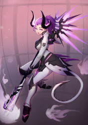 Rule 34 | 1girl, armor, bars, bodysuit, breasts, dark persona, demon horns, facial mark, faulds, forehead mark, full body, gradient background, highres, hitodama, holding, holding staff, horns, imp mercy, lips, lipstick, lochris, looking at viewer, makeup, mechanical wings, medium breasts, mercy (overwatch), official alternate costume, overwatch, overwatch 1, parted lips, patch, ponytail, purple background, purple eyes, purple hair, purple wings, solo, staff, wings