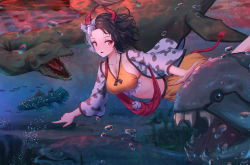 Rule 34 | 1girl, air bubble, animal ears, animal print, black hair, breasts, bubble, coelacanth, collarbone, commentary request, cow ears, cow horns, cow print, cow tail, crop top, eel, feet out of frame, fish, forehead, frills, haori, horns, japanese clothes, large breasts, light rays, loch ness monster, long sleeves, looking at viewer, midriff, multicolored hair, parted lips, pointing, red eyes, roke (taikodon), sharp teeth, short hair, silver hair, skirt, solo, split-color hair, sports bra, swimming, tail, teeth, touhou, two-tone hair, underwater, ushizaki urumi, wide sleeves, yellow skirt