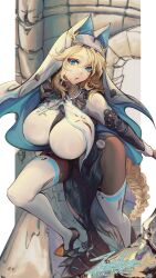 1girl black_robe blonde_hair blue_eyes bodysuit breasts brown_bodysuit cloak cross cross_necklace goddess_of_victory:_nikke habit highres jewelry large_breasts long_braid necklace nun official_alternate_costume official_alternate_design rapunzel_(nikke) rapunzel_(pure_grace)_(nikke) robe signature solo tina_inekun twitter_username white_cloak