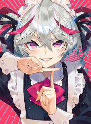 Rule 34 | 1girl, absurdres, apron, black dress, blush, bow, bowtie, dress, grey hair, highres, maid, maid apron, maid headdress, original, parted lips, pointing, portrait, purple eyes, red background, red bow, red bowtie, saitou naoki, solo, v-shaped eyebrows