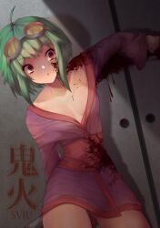 Rule 34 | 1girl, ahoge, artist name, blood, blood on clothes, blood on face, blood splatter, breasts, closet, collarbone, commentary, cowboy shot, door, empty eyes, english commentary, goggles, goggles on head, green hair, gumi, highres, holding, holding knife, japanese clothes, kimono, knife, no bra, off shoulder, onibi (vocaloid), parted lips, purple kimono, red eyes, shadow, short hair, short kimono, sliding doors, small breasts, solo, song name, sviuivs, thighs, tinted eyewear, vocaloid, weapon, wide-eyed