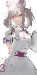 Rule 34 | 1girl, absurdres, apron, bandaged arm, bandages, breasts, clipboard, closed mouth, finger to mouth, gloves, grey hair, hair ornament, hair over shoulder, hairclip, hands up, hat, highres, kobayuu, large breasts, long hair, looking at viewer, md5 mismatch, nijisanji, nurse, nurse cap, pocket, purple eyes, resolution mismatch, short sleeves, sidelocks, simple background, smile, solo, source smaller, sukoya kana, twintails, virtual youtuber, white apron, white background, white gloves, white hat, wrist cuffs, x hair ornament
