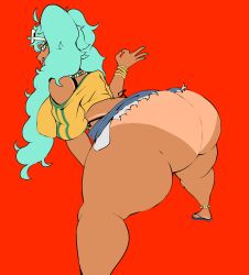 1girl ass bent_over bikini bikini_under_clothes brazilian_miku flip-flops hatsune_miku highres huge_ass long_hair ok_sign pentakky-sugoi sandals short_shorts shorts simple_background smile solo sunglasses swimsuit tan tongue twintails very_long_hair vocaloid wide_hips