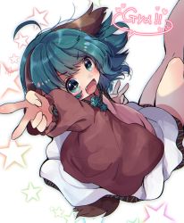 Rule 34 | + +, 1girl, :d, animal ears, bad id, bad twitter id, brown coat, coat, dog ears, dog girl, dog tail, dress, dutch angle, fang, green eyes, green hair, hair between eyes, heart, heart sutra, kasodani kyouko, looking at viewer, looking back, open mouth, perspective, puffy sleeves, short hair, sitting, smile, solo, star (symbol), tail, touhou, uguisu mochi (ykss35), v, white background, white dress