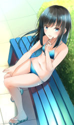 Rule 34 | 1girl, alternate costume, asashio (kancolle), bare arms, bare legs, bare shoulders, bench, bikini, black hair, blue bikini, blue eyes, blush, breasts, comah, commentary request, highres, kantai collection, long hair, looking at viewer, navel, open mouth, outdoors, popsicle stick, sandals, side-tie bikini bottom, sitting, small breasts, smile, solo, string bikini, striped bikini, striped clothes, swimsuit