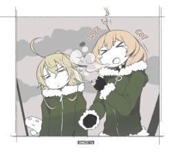 Rule 34 | &gt;o&lt;, 2girls, ahoge, artist name, black gloves, blonde hair, character request, cigarette, coat, copyright request, closed eyes, gloves, green coat, holding, holding cigarette, long hair, long sleeves, looking at another, multiple girls, nuko (shoujo shuumatsu ryokou), once 11h, open mouth, short hair, shoujo shuumatsu ryokou, sketch, smoke, smoking, yuuri (shoujo shuumatsu ryokou)