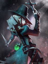 Rule 34 | 1girl, artist name, black hat, blue eyes, copyright name, darkest dungeon, dated, dual wielding, graverobber (darkest dungeon), grey hair, hat, highres, holding, johannes helgeson, knife, looking back, mole, mole above mouth, pickaxe, potion, shovel, solo, standing, throwing knife, watermark, weapon, worktool