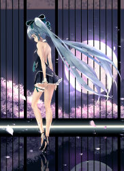 Rule 34 | 1girl, absurdres, arms at sides, back, backless outfit, backlighting, bad id, bad pixiv id, bare arms, bare back, bare legs, bare shoulders, black footwear, black shirt, black skirt, blue hair, blue necktie, blush, breasts, bridal garter, chamu (chammkue), cherry blossoms, dress, earrings, from side, full body, full moon, green eyes, green ribbon, hair ribbon, halterneck, hatsune miku, heart, heart earrings, high heels, highres, jewelry, lace, lace-trimmed ribbon, lace-trimmed shirt, lace-trimmed skirt, lace trim, lens flare, long hair, looking at viewer, miniskirt, moon, moonlight, necktie, night, night sky, petals, pleated skirt, reflection, reflective floor, ribbon, shirt, sideways glance, skirt, sky, sleeveless, sleeveless dress, sleeveless shirt, small breasts, solo, standing, tareme, twintails, very long hair, vocaloid, wrist cuffs