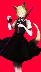 Rule 34 | 1girl, animal ears, blonde hair, bowl, brown skirt, brown vest, collared shirt, commentary request, cookie (touhou), feet out of frame, fingernails, fox ears, fox tail, hair between eyes, highres, holding, holding staff, looking at viewer, medium hair, miramikaru riran, on ( l0 ), open mouth, red background, red eyes, rice bowl, sharp fingernails, shirt, short sleeves, simple background, skirt, smile, solo, staff, tail, vest, white shirt