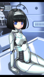 Rule 34 | 1girl, ahoge, android, black hair, blue eyes, joints, kurogane daichi, original, robot, robot joints, sitting, solo