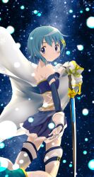 Rule 34 | 1girl, absurdres, bare shoulders, blue eyes, blue hair, cape, detached sleeves, highres, looking at viewer, mahou shoujo madoka magica, miki sayaka, miki sayaka (magical girl), sengoku chidori, smile, solo, sword, weapon