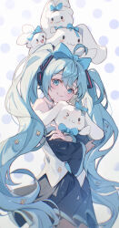 Rule 34 | 1girl, :3, absurdres, ahoge, animal, animal hug, animal on head, bare shoulders, black skirt, blue bow, blue eyes, blue hair, blush, blush stickers, bow, chinese commentary, cinnamoroll, closed mouth, cloudyman, commentary request, cowboy shot, detached sleeves, hair bow, hatsune miku, highres, long hair, looking at viewer, on head, pleated skirt, sanrio, shirt, skirt, smile, solo, twintails, very long hair, vocaloid, white shirt