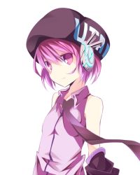 Rule 34 | 1girl, bare shoulders, beret, black hat, black necktie, closed mouth, collared shirt, commentary request, cropped torso, detached sleeves, dress shirt, hair between eyes, hat, light smile, looking at viewer, mikan (mkn 0710), necktie, print headwear, purple eyes, purple hair, purple shirt, robot ears, shirt, short hair, sleeveless, sleeveless shirt, smile, solo, utane uta, utau, white background, wing collar