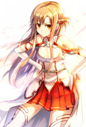 Rule 34 | 10s, 1girl, :t, armor, asuna (sao), bare shoulders, braid, brown eyes, brown hair, elbow gloves, fingerless gloves, gloves, hands on own hips, long hair, looking at viewer, pleated skirt, pout, sakura ani, sidelocks, skirt, solo, sword art online, thighhighs, white thighhighs