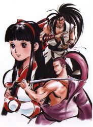 Rule 34 | 1girl, 2boys, ainu clothes, black hair, blue eyes, breasts, fighting stance, fingerless gloves, gloves, hair ribbon, haoumaru, highres, japanese clothes, kibagami genjuro, long hair, looking at viewer, multiple boys, muscular, muscular male, nakoruru, ponytail, ribbon, samurai spirits, scar, small breasts, snk, sword, the king of fighters, traditional media, weapon