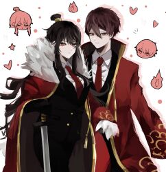 Rule 34 | 1boy, 1girl, black jacket, brown hair, coat, coat on shoulders, collared shirt, cowboy shot, fire, hair bun, heart, highres, husband and wife, jacket, kasyoku bear, library of ruina, long sleeves, looking at viewer, lowell (project moon), necktie, project moon, red coat, red eyes, red hair, red necktie, shirt, sidelocks, white shirt, xiao (project moon)