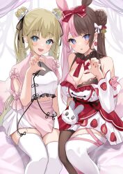 Rule 34 | 2girls, absurdres, aqua eyes, asymmetrical legwear, bare shoulders, black collar, black hair, black ribbon, black thighhighs, blue eyes, bow, bowtie, breasts, cleavage, collar, detached collar, double bun, dress, hair bow, hair bun, hair ribbon, hanabusa lisa, hand up, heart, heart hands, heart hands duo, highres, large breasts, long hair, long sleeves, looking at viewer, medium breasts, mismatched legwear, multicolored hair, multiple girls, open mouth, parted lips, pink dress, pink hair, red bow, red bowtie, ribbon, short sleeves, sidelocks, smile, tachibana hinano (vtuber), thighhighs, tihayasan-ktkr, virtual youtuber, vspo!, white dress, white thighhighs