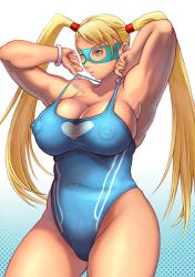 Rule 34 | 1girl, armpits, arms up, bad anatomy, blonde hair, blue background, blue one-piece swimsuit, bracelet, breasts, cleavage, covered erect nipples, covered navel, domino mask, gradient background, green eyes, heart, highres, jewelry, large breasts, long hair, mask, muscular, muscular female, nipples, one-piece swimsuit, parted lips, plump, rainbow mika, sideboob, signal-green, solo, street fighter, swept bangs, swimsuit, thick thighs, thighs, toned, twintails, very long hair, white background