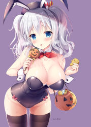 Rule 34 | 1girl, :o, animal ears, bad id, bad pixiv id, bare shoulders, basket, beret, black leotard, black thighhighs, blue eyes, blush, breasts, candy, circle name, cleavage, collarbone, cowboy shot, detached collar, fake animal ears, food, grey hair, halloween, hands up, hat, highres, holding, kantai collection, kashima (kancolle), kerchief, large breasts, leaning forward, leotard, long hair, playboy bunny, purple background, rabbit ears, saliva, saliva trail, shade, sidelocks, simple background, skindentation, solo, sousouman, thighhighs, thighs, wavy hair, wrist cuffs