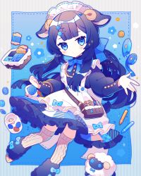 Rule 34 | 1girl, animal ears, blue background, blue bow, blue bowtie, blue eyes, bow, bowtie, button eyes, buttons, crayon, curled horns, dress, dress bow, hair bow, hair ornament, hairclip, highres, horns, long hair, long sleeves, looking at viewer, original, saijo1201, scissors, sheep, sheep ears, stuffed animal, stuffed sheep, stuffed toy, tape, thighhighs