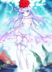 Rule 34 | 1girl, bare shoulders, blue eyes, blue hair, character request, dress, gluteal fold, highres, long hair, navel, neck ruff, outstretched arms, panties, rodway, see-through, smile, strapless, strapless dress, tentacle hair, thigh gap, thighhighs, underwater, underwear, white panties, white thighhighs