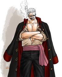 Rule 34 | 1boy, beard, black-framed eyewear, black coat, black pants, cigar, coat, crossed arms, facial hair, feet out of frame, kokorozashi, large pectorals, pectoral cleavage, male focus, mature male, midriff peek, muscular, muscular male, one piece, open clothes, open coat, open shirt, pants, pectorals, scar, scar on chest, short hair, sideburns, sleeves rolled up, smoke, smoker (one piece), smoking, solo, stubble, sunglasses, white hair