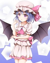 Rule 34 | 1girl, :o, arm up, ascot, bad id, bad pixiv id, bat wings, blue hair, brooch, elbow rest, gradient background, hat, hat ribbon, jewelry, kuroganeruto, looking at viewer, mob cap, purple eyes, remilia scarlet, ribbon, short hair, skirt, skirt set, solo, touhou, wings