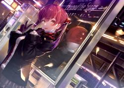 Rule 34 | 1girl, akasaai, black gloves, black jacket, breasts, clock, commentary request, gloves, hair ribbon, highres, hololive, houshou marine, jacket, large breasts, mask, mask pull, medium hair, mouth mask, pleated skirt, promo poster, red hair, red ribbon, reflection, ribbed sweater, ribbon, scarf, skirt, solo, sweater, twintails, v, virtual youtuber, winter clothes, yellow eyes