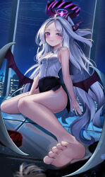 Rule 34 | 1girl, absurdres, ahoge, armpit peek, ass, barefoot, blue archive, blurry, commentary request, demon girl, demon horns, demon wings, depth of field, forehead, from below, hair ornament, hairclip, halo, highres, hina (blue archive), horns, li se, long hair, looking at viewer, night, night sky, ponytail, purple eyes, side slit, sidelocks, sitting, sky, skyline, sleeveless, smile, soles, solo, star (sky), starry sky, toes, wariza, white hair, wings