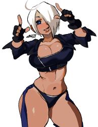 Rule 34 | 1girl, absurdres, angel (kof), black shirt, blouse, blue eyes, blush, bra, breasts, cleavage, garter straps, gloves, highres, jacket, large breasts, love handles, mexico, shirt, simple background, snk, solo, the king of fighters, thick thighs, thighs, thong, underwear, white background, white hair, whoopsatro