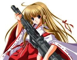 Rule 34 | 1girl, autocannon, blonde hair, blue eyes, cannon, gun, hakama, hakama skirt, japanese clothes, long hair, miko, red hakama, skirt, solo, weapon