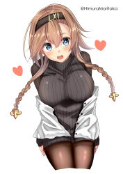 Rule 34 | 1girl, absurdres, alternate costume, alternate legwear, black headband, braid, breasts, cowboy shot, dress, grey dress, grey eyes, hair between eyes, hair ornament, hairband, headband, heart, highres, himura moritaka, jacket, kantai collection, large breasts, light brown hair, long sleeves, one-hour drawing challenge, open clothes, open jacket, open mouth, pantyhose, propeller hair ornament, ribbed dress, simple background, solo, teruzuki (kancolle), twin braids, twitter username, white background, white jacket