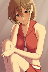 Rule 34 | 1girl, belt, blush, brown eyes, brown hair, closed mouth, collarbone, crop top, grey background, hair between eyes, hand in own hair, looking at viewer, meiko (vocaloid), midriff, miniskirt, navel, nokuhashi, pencil skirt, red skirt, short hair, sitting, skirt, sleeveless, smile, solo, stomach, vocaloid, white belt
