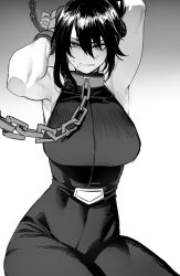 Rule 34 | 1girl, armpits, arms up, bare arms, bdsm, bodysuit, boku no hero academia, bondage, bound, breasts, chain, collar, commentary request, cuffs, folded ponytail, gradient background, greyscale, hair between eyes, highres, korean commentary, large breasts, leash, looking at viewer, medium hair, metal collar, mole, mole under mouth, monochrome, ratatatat74, shimura nana, sidelocks, slave, sleeveless, sleeveless bodysuit, solo, sweat, toned, tsurime, v-shaped eyebrows, wavy mouth