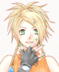 1girl asymmetrical_bangs bad_id black_gloves blonde_hair braid commentary_request final_fantasy final_fantasy_x fingerless_gloves gloves green_eyes green_nails hand_up high_ponytail long_hair looking_at_viewer lowres orange_sweater outline pink_outline polka_dot polka_dot_background ponytail rendezvous rikku_(ff10) sleeveless sleeveless_sweater sleeveless_turtleneck smile solo sweater turtleneck turtleneck_sweater twin_braids upper_body