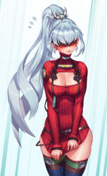 Rule 34 | 1girl, blue thighhighs, blush, check copyright, cleavage cutout, clothes pull, clothing cutout, commentary request, commission, copyright request, doha skylightscent, frown, hair ornament, highres, long hair, original, ponytail, pulled by self, red blindfold, red skirt, red sweater, sidelocks, silver hair, skirt, solo, striped background, striped clothes, striped sweater, sweater, sweater pull, thigh strap, thighhighs, turtleneck, turtleneck sweater, very long hair, white background