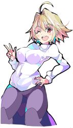 Rule 34 | 1girl, ;d, ahoge, arcueid brunestud, blonde hair, breasts, covered erect nipples, covered navel, enpe, fingernails, hair between eyes, hair intakes, hand on own hip, highres, long sleeves, looking at viewer, medium breasts, nail polish, one eye closed, open mouth, pink nails, purple skirt, red eyes, round teeth, see-through, simple background, skirt, smile, solo, sweater, teeth, tsukihime, white background, white sweater