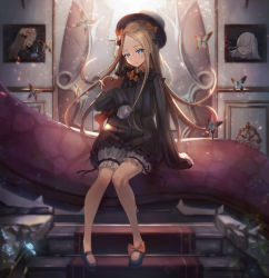 Rule 34 | 1girl, abigail williams (fate), black bow, black dress, black footwear, black hat, blonde hair, blue eyes, bow, bug, butterfly, dress, fate/grand order, fate (series), floating hair, hair bow, hat, highres, holding, holding stuffed toy, indoors, insect, lavinia whateley (fate), long hair, mary janes, orange bow, parted bangs, sachi (160332), shoes, short dress, short shorts, shorts, shorts under dress, sitting, sleeves past wrists, solo, stairs, stuffed animal, stuffed toy, teddy bear, very long hair, white shorts