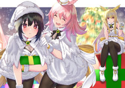 Rule 34 | absurdres, back bow, black bow, black hair, black legwear, blonde hair, blush, bow, bowtie, box, bright pupils, christmas, christmas tree, closed eyes, dress, fate/grand order, fate (series), fur-trimmed headwear, fur trim, gift, gloves, hair between eyes, hat, highres, hildr (fate), hildr (ring the bell) (fate), holding, holding gift, long hair, on box, open mouth, ortlinde (fate), ortlinde (ring the bell) (fate), pantyhose, pink hair, red eyes, santa costume, santa hat, shawl, short hair, sitting, sitting on box, smile, takubon, thrud (fate), thrud (ring the bell) (fate), valkyrie (fate), very long hair, white dress, white gloves, white hat, white santa costume, white shawl