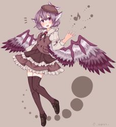 Rule 34 | 1girl, ^^^, beret, bird wings, blouse, blush, egret, full body, hat, hat with ears, head wings, highres, juliet sleeves, long sleeves, looking at viewer, musical note, mystia lorelei, neck ribbon, open mouth, puffy sleeves, purple eyes, purple hair, ribbed legwear, ribbon, shirt, shoes, short hair, skirt, smile, solo, thighhighs, touhou, vest, wings, zettai ryouiki