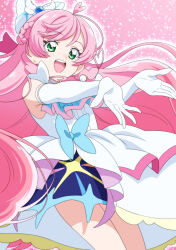 Rule 34 | 1girl, ascot, bow, braided sidelock, cowboy shot, cure prism, dokushibuki, dress, earrings, elbow gloves, glove bow, gloves, gradient background, green eyes, hair bow, highres, hirogaru sky! precure, jewelry, long hair, looking at viewer, magical girl, medium dress, nijigaoka mashiro, open mouth, pink background, pink hair, precure, smile, solo, very long hair, white ascot, white bow, white dress, white gloves, wing hair ornament