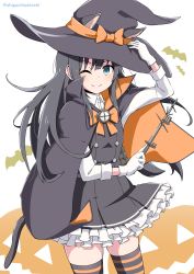 Rule 34 | 1girl, ;), animal ears, asashio (kancolle), asashio kai ni (kancolle), bat (animal), black cape, black hair, black hat, blue eyes, cape, cat ears, cat tail, commentary request, contrapposto, cowboy shot, dress, frilled dress, frills, gloves, halloween costume, hat, highres, jack-o&#039;-lantern, kantai collection, long hair, long sleeves, one eye closed, panikuru yuuto, pinafore dress, school uniform, searchlight, shirt, sleeveless, sleeveless dress, smile, solo, standing, striped clothes, striped thighhighs, tail, thighhighs, twitter username, wand, white gloves, white shirt, witch hat