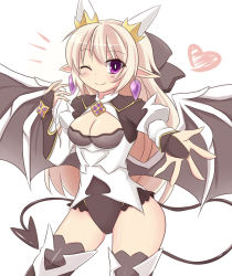 Rule 34 | 10s, 1girl, ;), blonde hair, blush, boots, bow, breasts, bridal gauntlets, character request, cleavage, cleavage cutout, clothing cutout, demon girl, demon tail, demon wings, earrings, hachimi, hair bow, heart, horns, jewelry, leotard, lilim (shingeki no bahamut), one eye closed, outstretched hand, purple eyes, shingeki no bahamut, smile, solo, tail, thigh boots, thighhighs, wings, wink