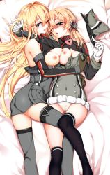 Rule 34 | 10s, 2girls, anchor hair ornament, bdsm, bismarck (kancolle), blonde hair, blue eyes, breasts, cameltoe, cleavage, clothes lift, collar, gloves, green eyes, hair ornament, hat, unworn hat, unworn headwear, heart-shaped lock, highres, kantai collection, large breasts, long hair, lying, medium breasts, military, military uniform, multiple girls, nipples, on back, on side, one eye closed, panties, peaked cap, prinz eugen (kancolle), saliva, saliva trail, skirt, skirt lift, slave, tendo (zhazhatiantong), thighhighs, tongue, underwear, uniform, yuri, zettai ryouiki